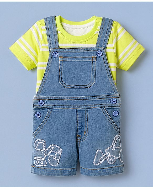 Babyhug 100% Cotton Single Jersey Knit Half Sleeves Dungaree Set - Limegreen