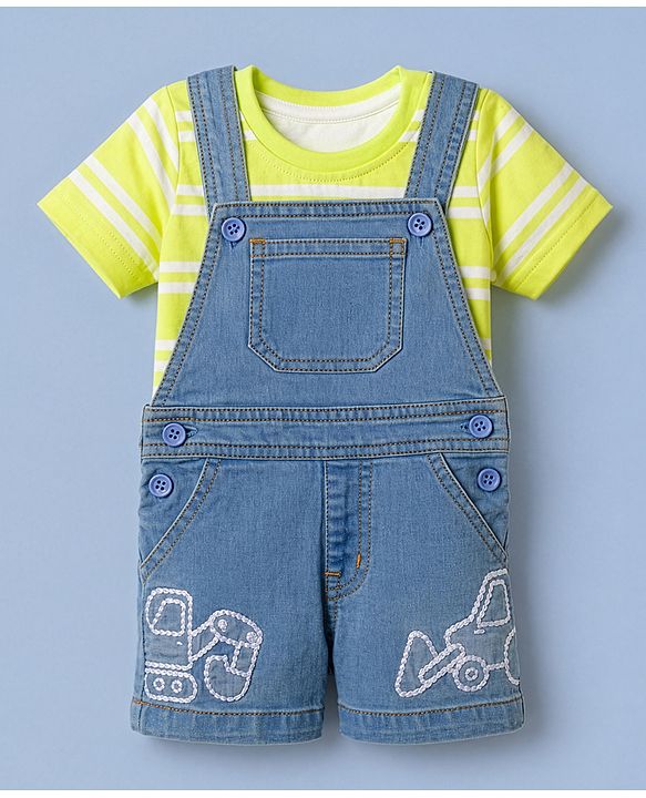 Babyhug 100% Cotton Single Jersey Knit Half Sleeves Dungaree Set - Limegreen