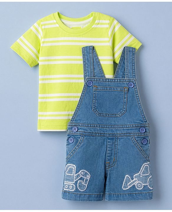 Babyhug 100% Cotton Single Jersey Knit Half Sleeves Dungaree Set - Limegreen