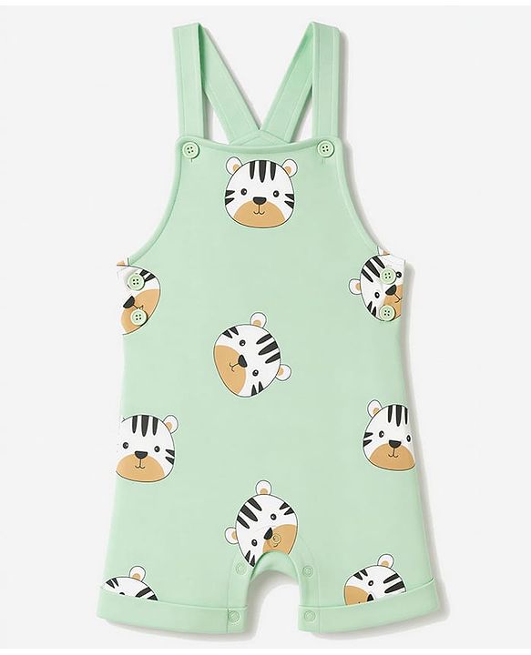 Babyhug 100% Cotton Single Jersey Knit Half Sleeves Tiger Printed Dungaree With Striped Inner Tee Print - Sea Green