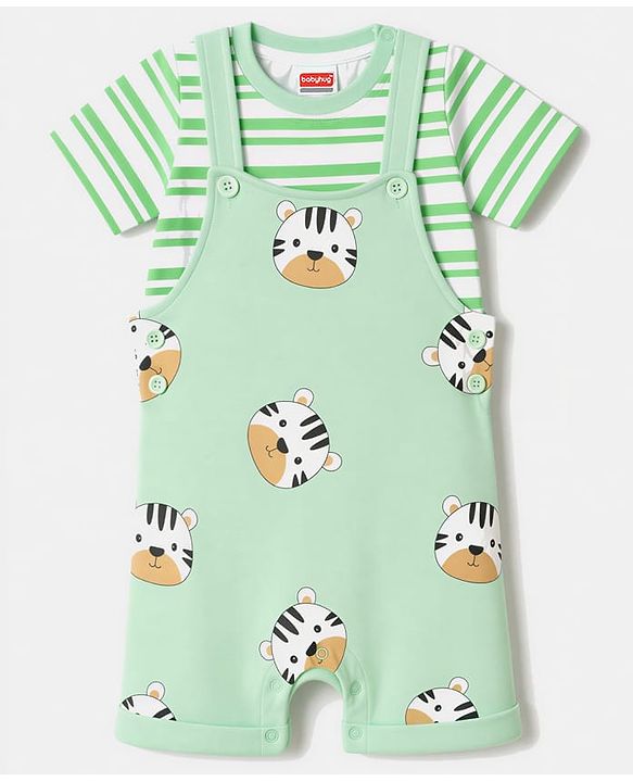 Babyhug 100% Cotton Single Jersey Knit Half Sleeves Tiger Printed Dungaree With Striped Inner Tee Print - Sea Green