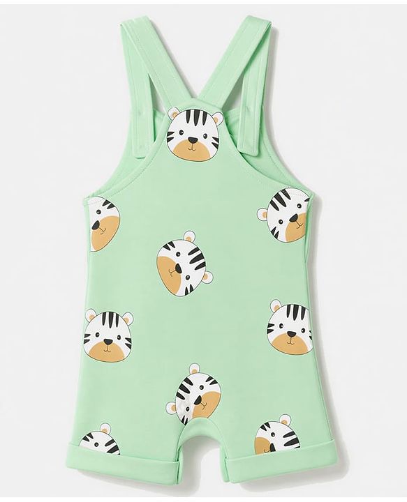 Babyhug 100% Cotton Single Jersey Knit Half Sleeves Tiger Printed Dungaree With Striped Inner Tee Print - Sea Green