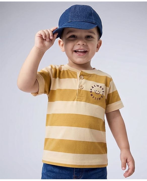 Babyhug 100% Cotton Knit Half Sleeves Striped & Text Printed Henley Neck T-Shirt - Khaki