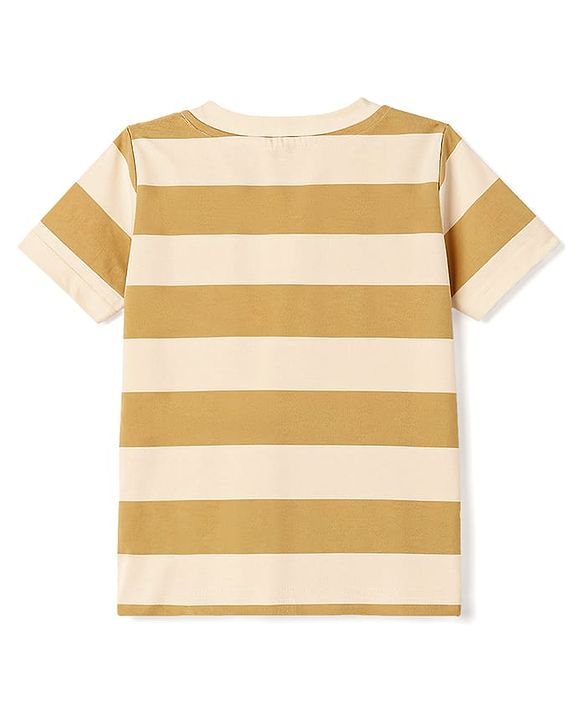 Babyhug 100% Cotton Knit Half Sleeves Striped & Text Printed Henley Neck T-Shirt - Khaki