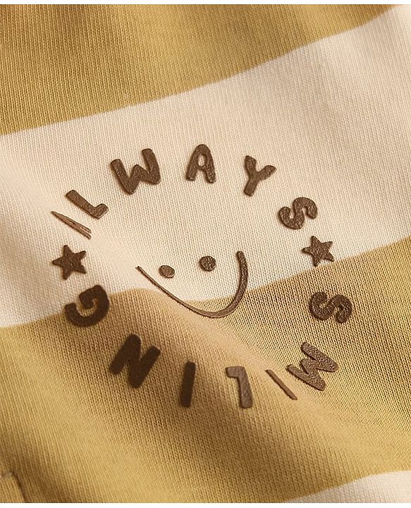 Babyhug 100% Cotton Knit Half Sleeves Striped & Text Printed Henley Neck T-Shirt - Khaki