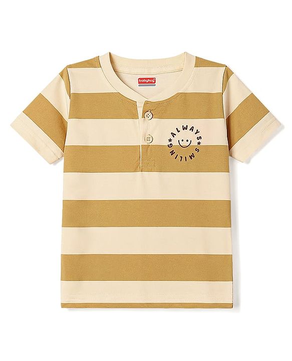 Babyhug 100% Cotton Knit Half Sleeves Striped & Text Printed Henley Neck T-Shirt - Khaki