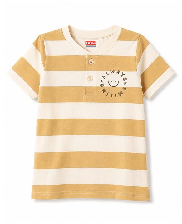 Babyhug 100% Cotton Knit Half Sleeves Striped & Text Printed Henley Neck T-Shirt - Khaki