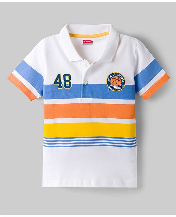 Babyhug 100% Cotton Knit Half Sleeves Striped Polo T-Shirt With Sports Theme Print - Multicolor