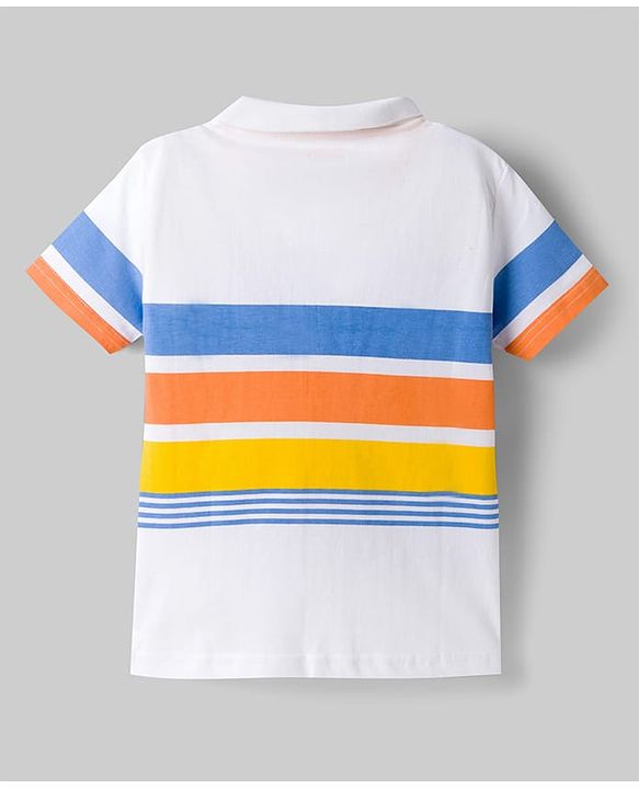 Babyhug 100% Cotton Knit Half Sleeves Striped Polo T-Shirt With Sports Theme Print - Multicolor