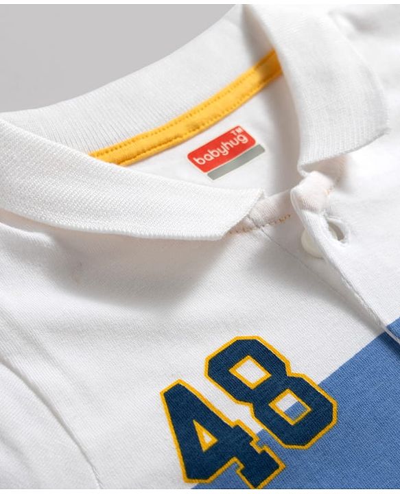 Babyhug 100% Cotton Knit Half Sleeves Striped Polo T-Shirt With Sports Theme Print - Multicolor