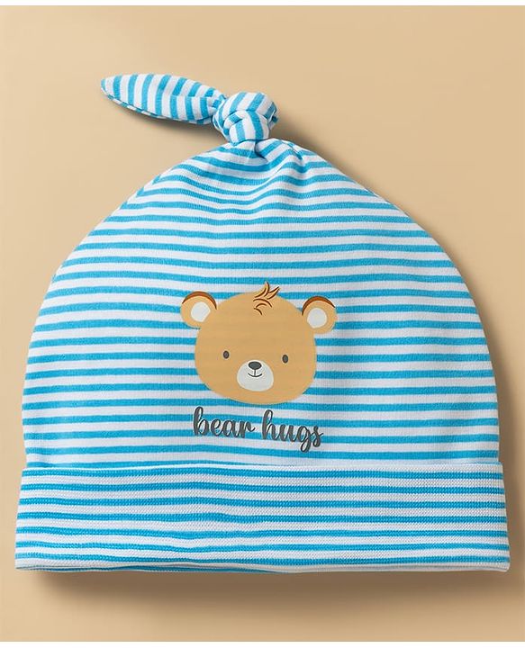 Babyhug 100% Cotton Knit Bear Printed & Striped Cap Light Blue - Diameter 8 cm