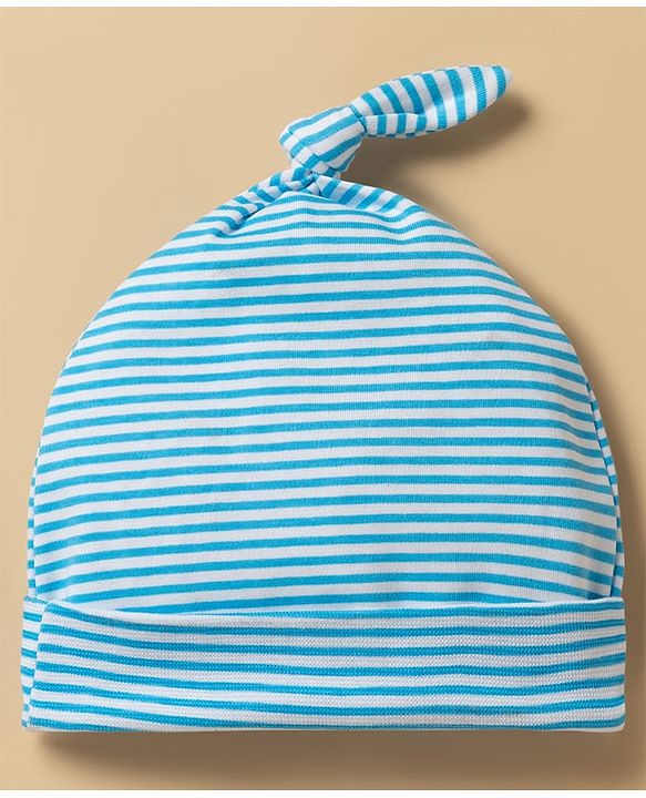 Babyhug 100% Cotton Knit Bear Printed & Striped Cap Light Blue - Diameter 8 cm