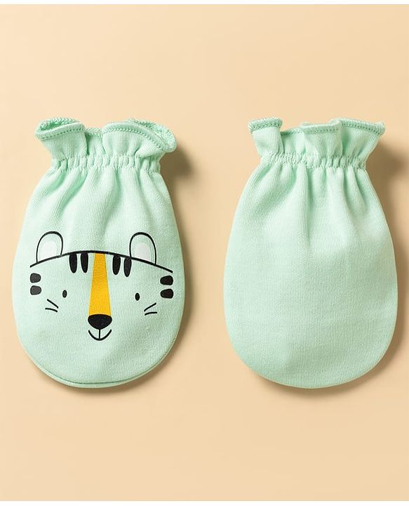 Babyhug 100% Cotton Knit Animal Printed Mittens & Booties Set - Light Green