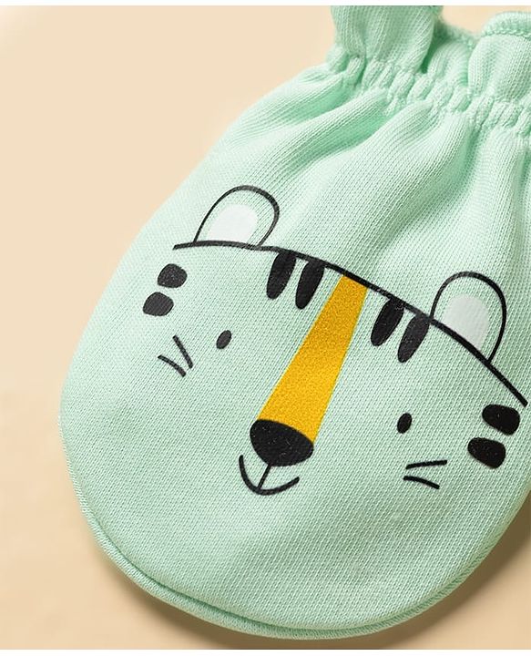 Babyhug 100% Cotton Knit Animal Printed Mittens & Booties Set - Light Green