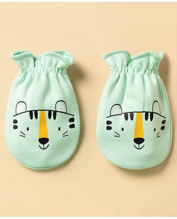 Babyhug 100% Cotton Knit Animal Printed Mittens & Booties Set - Light Green