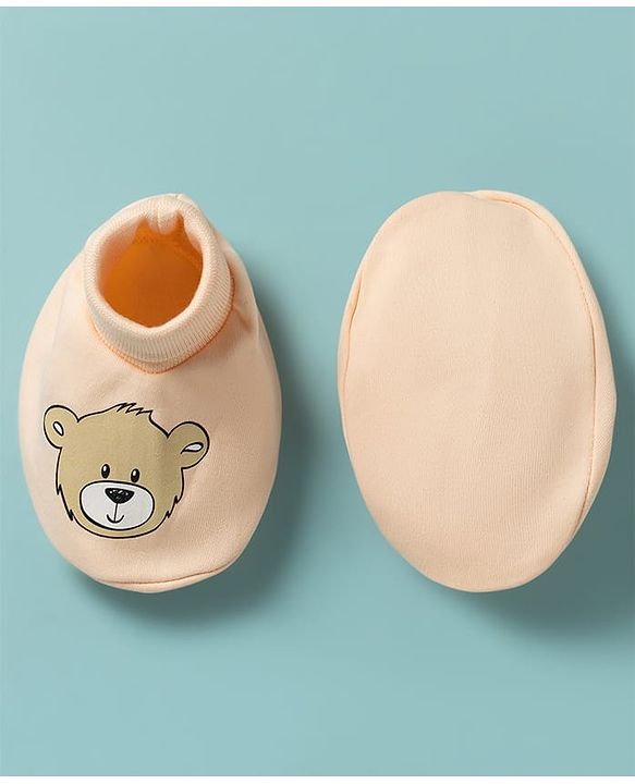 Babyhug 100% Cotton Knit Bear Printed Mittens & Booties Set - Peach