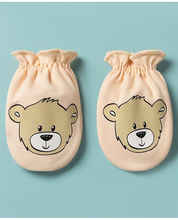 Babyhug 100% Cotton Knit Bear Printed Mittens & Booties Set - Peach