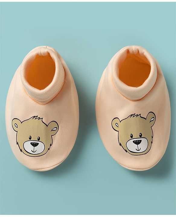 Babyhug 100% Cotton Knit Bear Printed Mittens & Booties Set - Peach