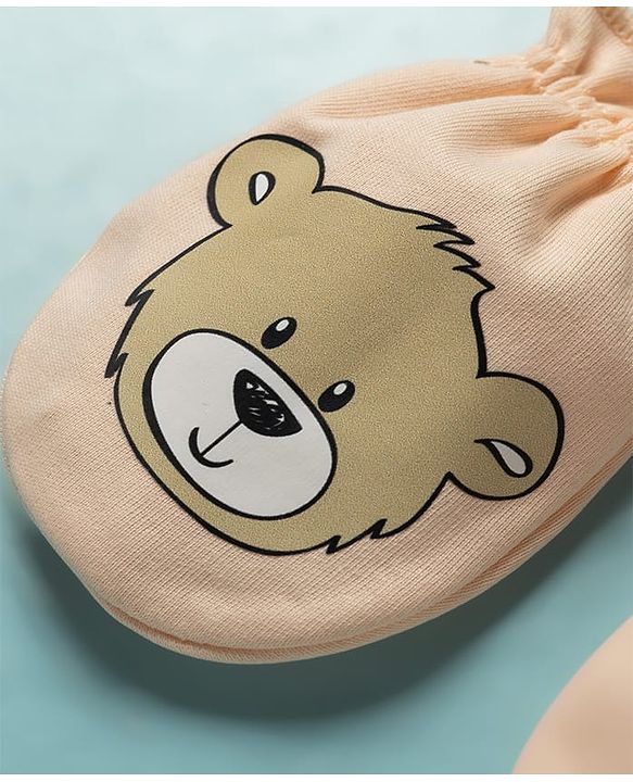 Babyhug 100% Cotton Knit Bear Printed Mittens & Booties Set - Peach