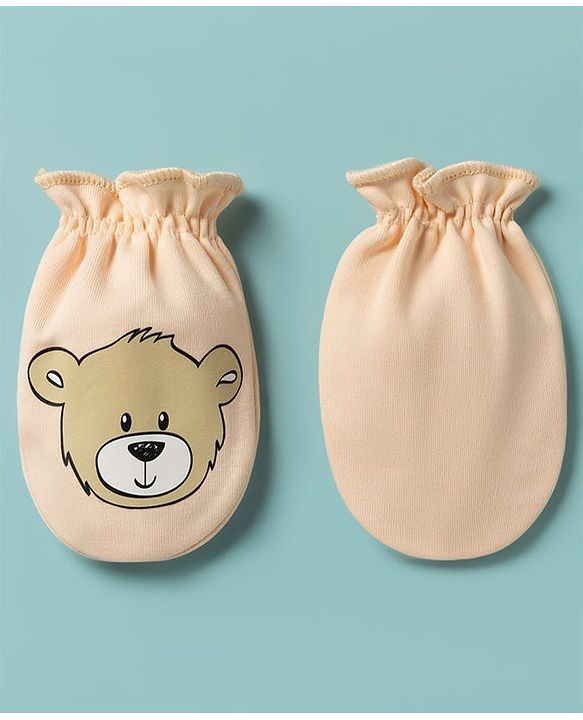 Babyhug 100% Cotton Knit Bear Printed Mittens & Booties Set - Peach
