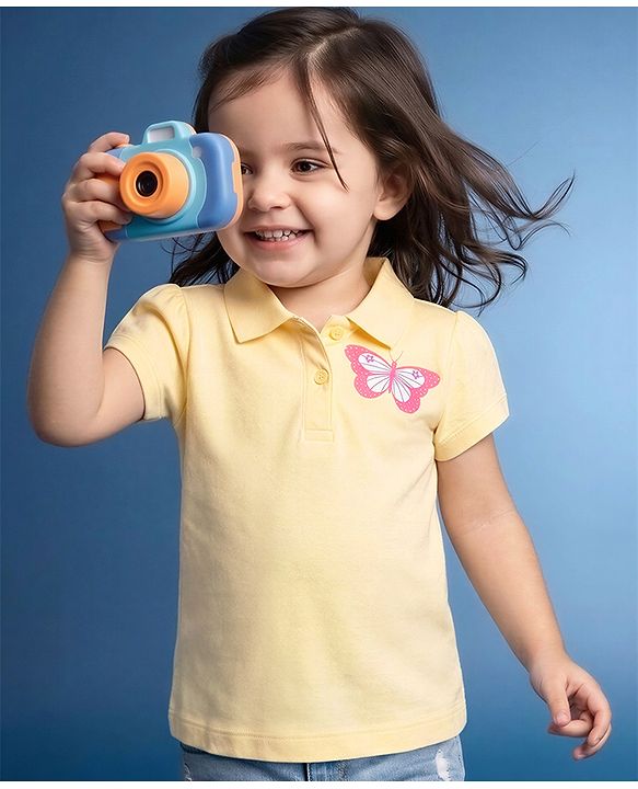 Babyhug Cotton Knit Polo T-Shirt with Butterfly Graphic Multi Color 12-18 Months