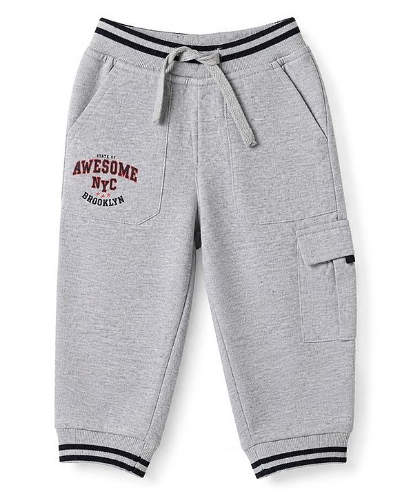 Babyhug Cotton Blend Terry Knit Full Length Track Pants with State Of Awesome Nyc Text Print - Grey