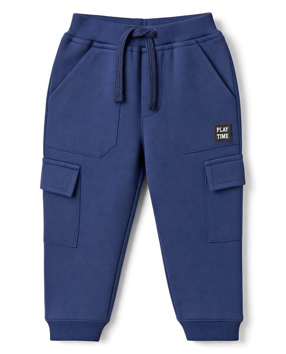 Babyhug Terry Knit Full Length Solid Track Pants With Play Time Patch - Blue