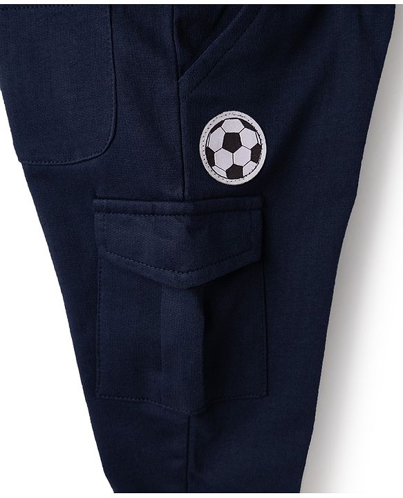 Babyhug Cotton Terry Knit Full Length Track Pant with Soccer Star Text Print & Patch - Navy Blue