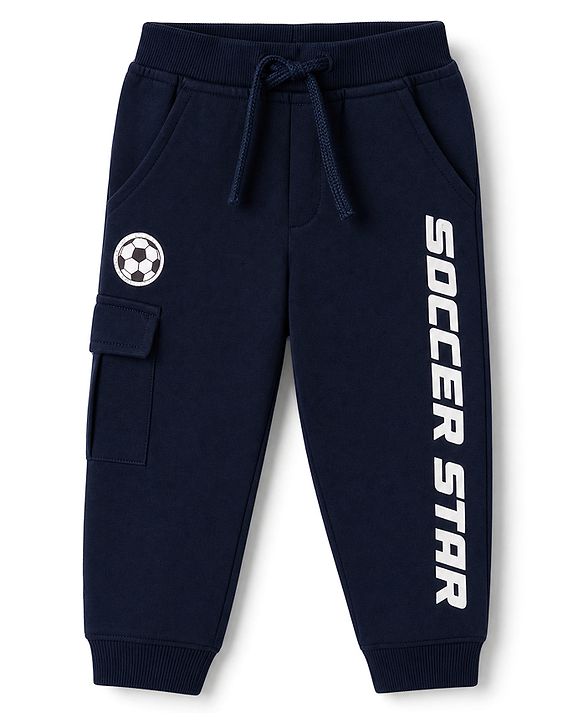 Babyhug Cotton Terry Knit Full Length Track Pant with Soccer Star Text Print & Patch - Navy Blue