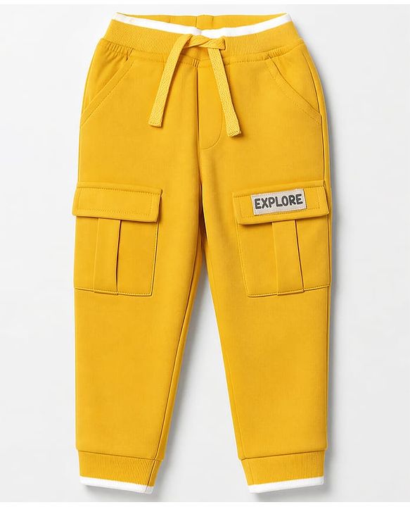 Babyhug Cotton Terry Knit Full Length Lounge Pants With Explore Text Print - Yellow