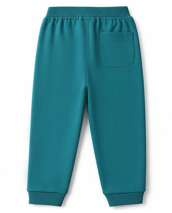 Babyhug Cotton Terry Knit Full Length Track Pant with Vehicle Patch - Teal Blue