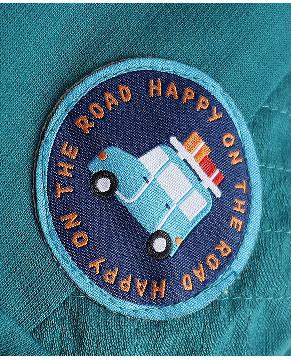 Babyhug Cotton Terry Knit Full Length Track Pant with Vehicle Patch - Teal Blue