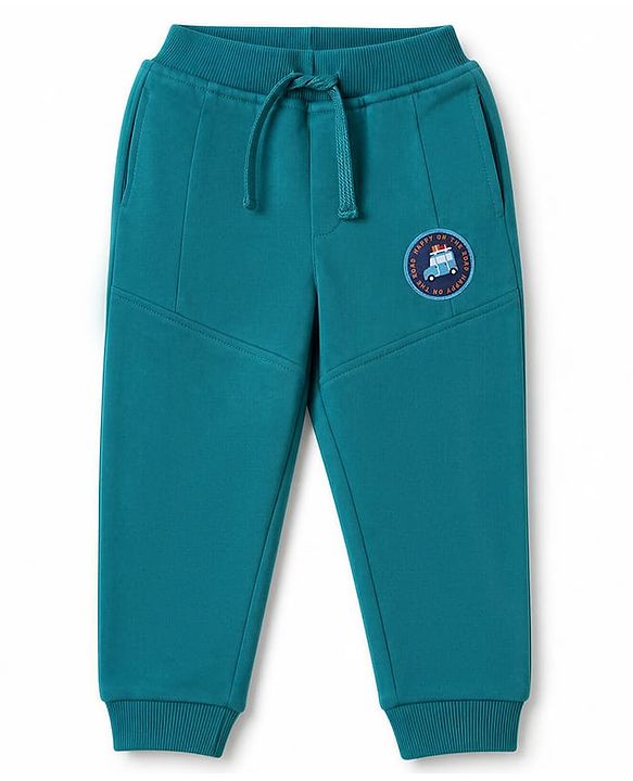 Babyhug Cotton Terry Knit Full Length Track Pant with Vehicle Patch - Teal Blue