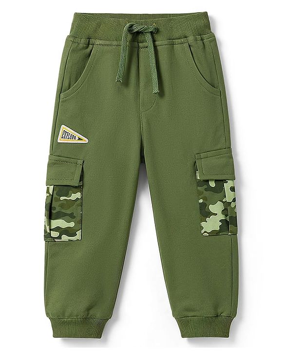 Babyhug 100% Cotton Terry Knit Full Length Camouflage Printed Lounge Pant With Cargo Pockets & Patch - Green