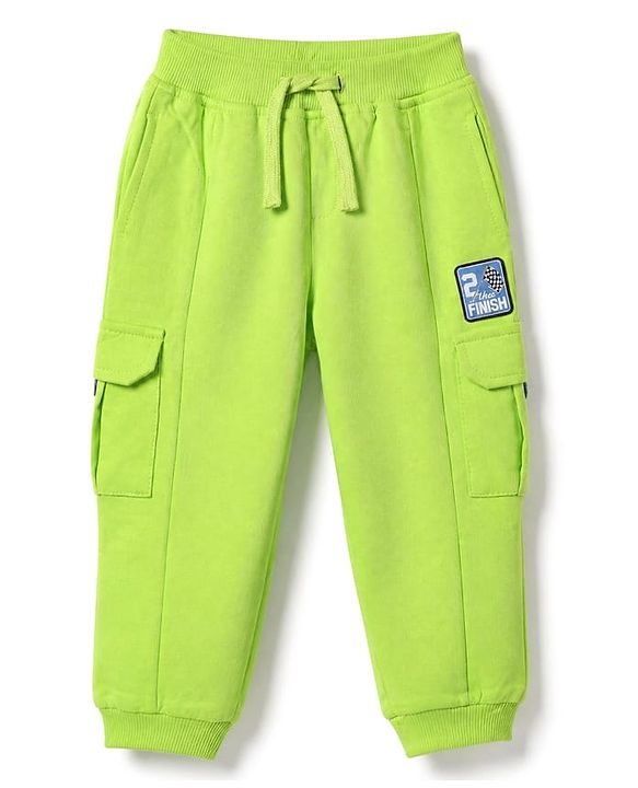 Babyhug Terry Knit Full Length Solid Track Pants With 2 The Finsih Patch - Lime Green