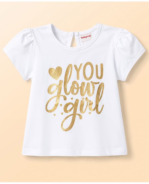 Babyhug 100% Cotton Knit Half Sleeves T-Shirt With Text Foil Print - White