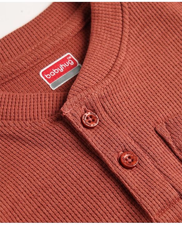 Babyhug Cotton Waffle Knit Full Sleeves Solid Textured Co-Ords T-Shirt & Pyjama Night Suit - Brown