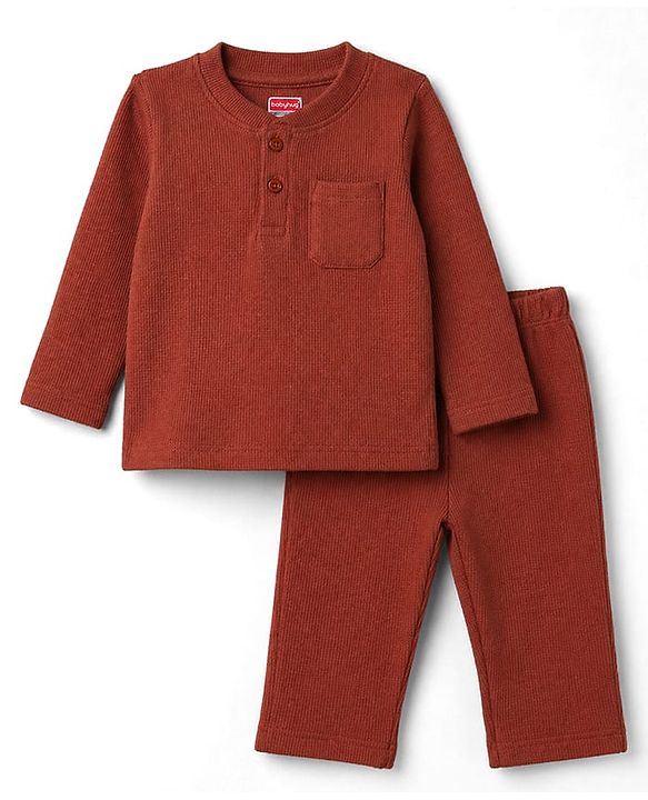Babyhug Cotton Waffle Knit Full Sleeves Solid Textured Co-Ords T-Shirt & Pyjama Night Suit - Brown