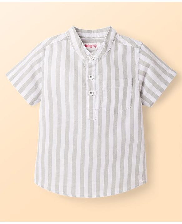 Babyhug Cotton Woven Half Sleeve Mandarin Collar Kurta Stripe Shirt Grey 9-12 Months