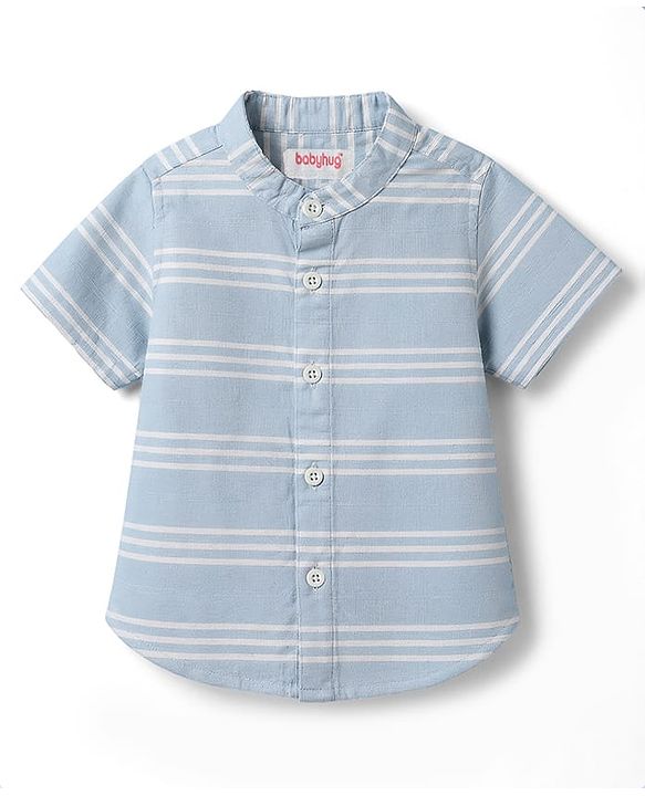 Babyhug Cotton Woven Half Sleeves Striped Shirt With Mandarin Collar- Light Blue