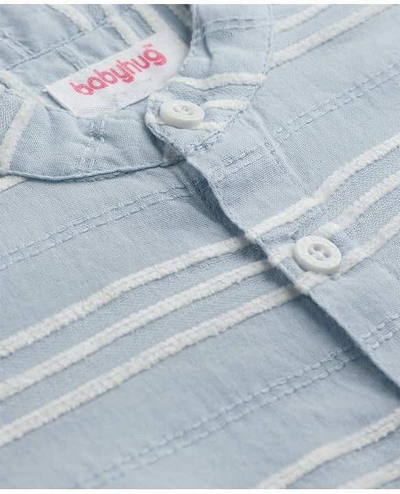 Babyhug Cotton Woven Half Sleeves Striped Shirt With Mandarin Collar- Light Blue