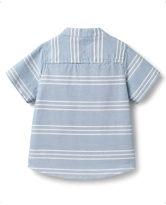 Babyhug Cotton Woven Half Sleeves Striped Shirt With Mandarin Collar- Light Blue
