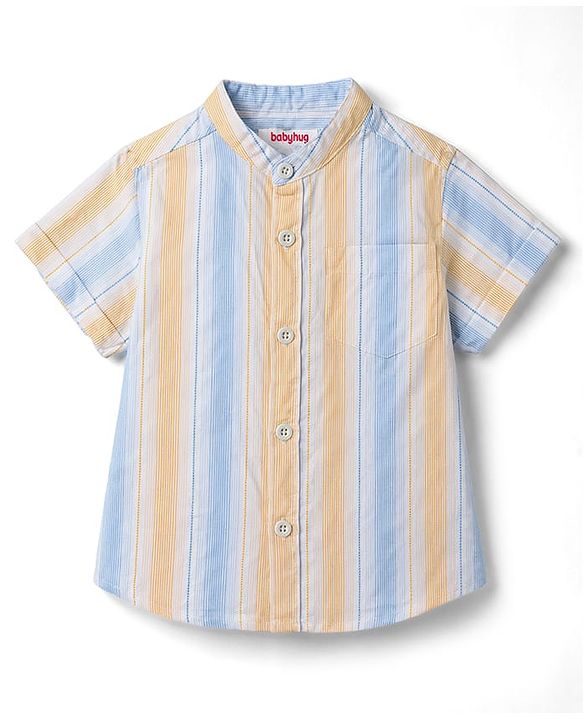 Babyhug Cotton Woven Half Sleeves Striped Shirt With Mandarin Collar - Multicolor