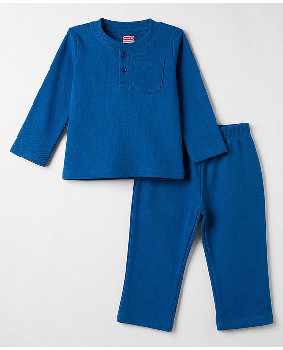 Babyhug Cotton Knit Full Sleeves Solid T-Shirt & Pyjama Night Suit - Navy blue