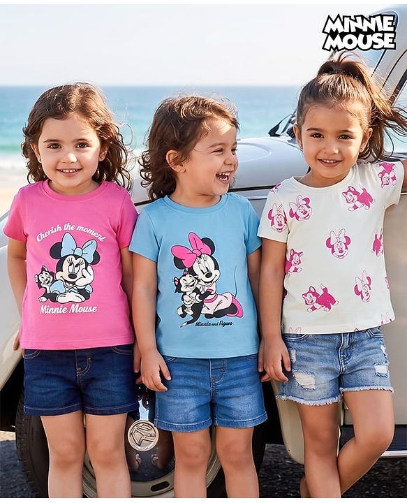 Babyhug Disney Cotton Knit Half Sleeves T-Shirts with Minnie & Friends Graphic Pack of 3 - Multicolor
