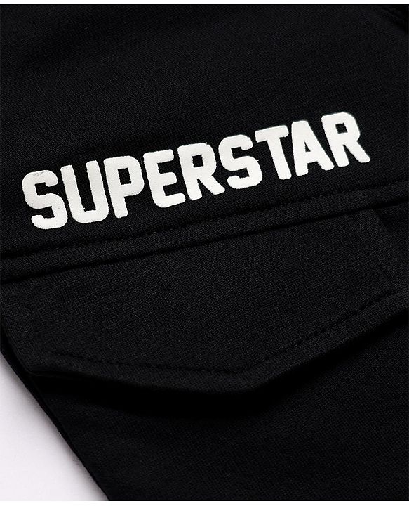 Babyhug Cotton Terry Full Length Track Pant with Superstar Text Print - Black