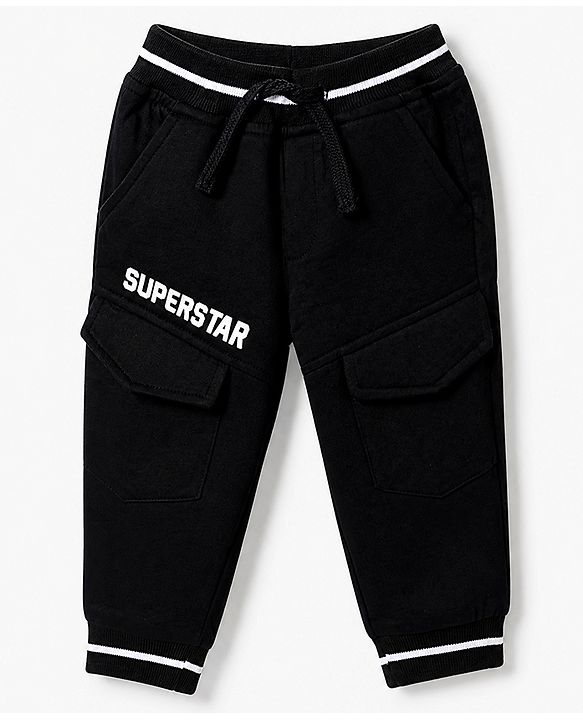 Babyhug Cotton Terry Full Length Track Pant with Superstar Text Print - Black