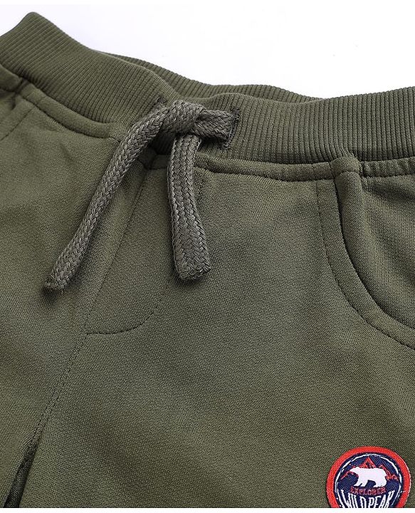 Babyhug Cotton Terry Knit Solid Lounge Pant With Text Print - Olive Green