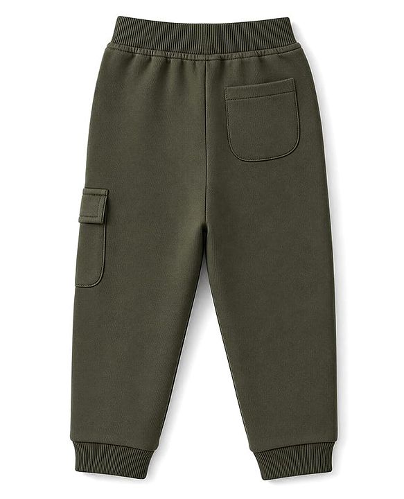 Babyhug Cotton Terry Knit Solid Lounge Pant With Text Print - Olive Green