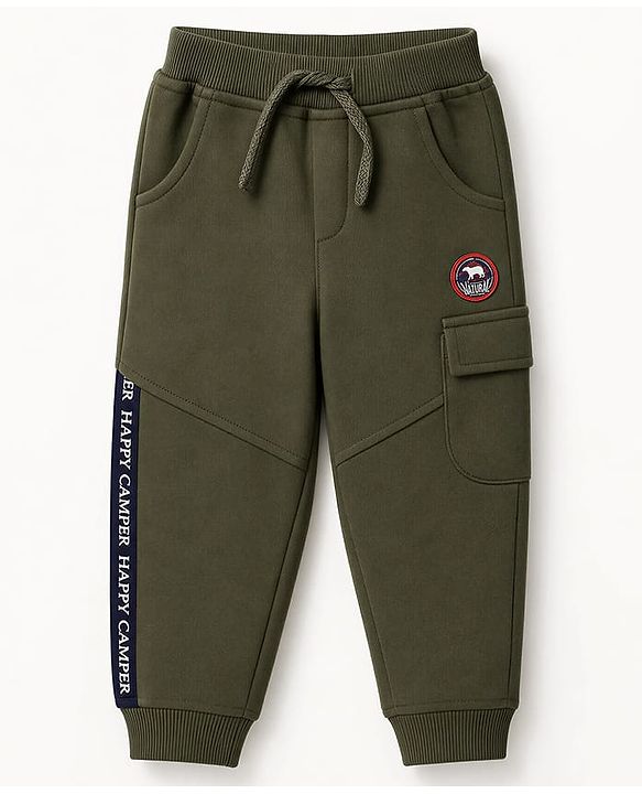 Babyhug Cotton Terry Knit Solid Lounge Pant With Text Print - Olive Green